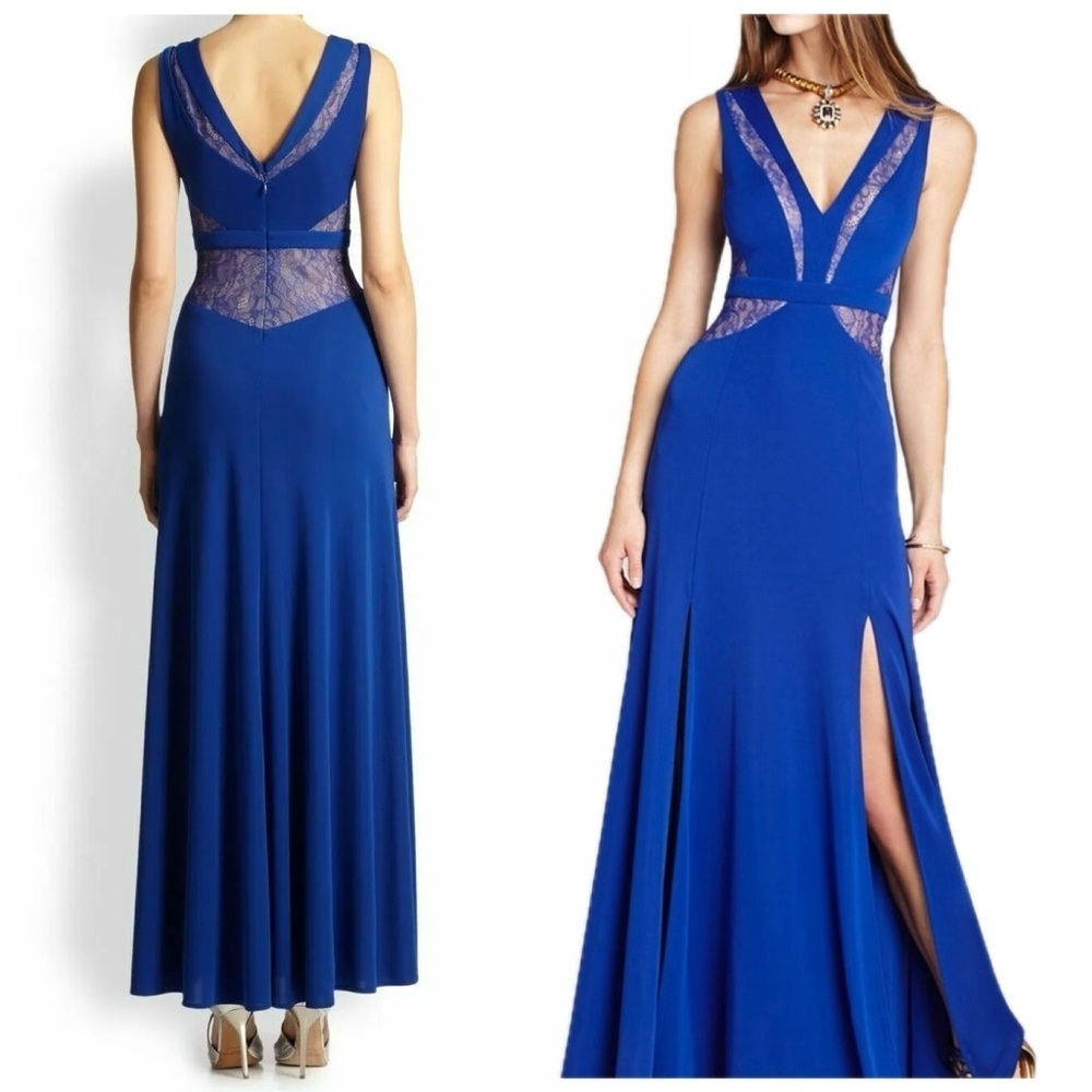 BCBGMAXAZRIA Sophee Cobalt Royal Blue Lace sleeveless Gown Maxi Dress 10 V Neck - Picture 2 of 14